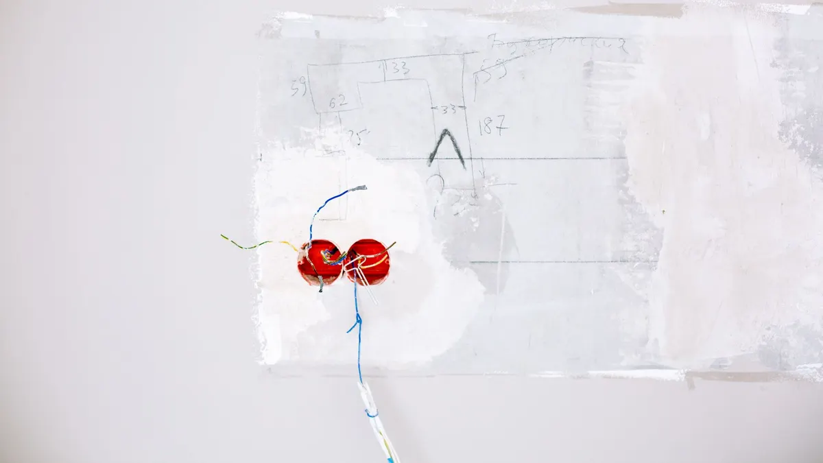 Close-up view of exposed electric wiring being installed during home renovation on a white wall.