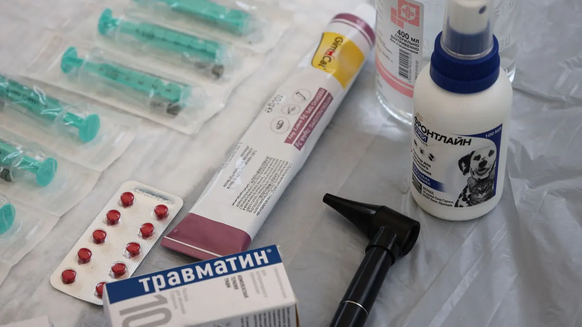 Veterinary medical supplies including syringes, pills, and spray displayed on a table.