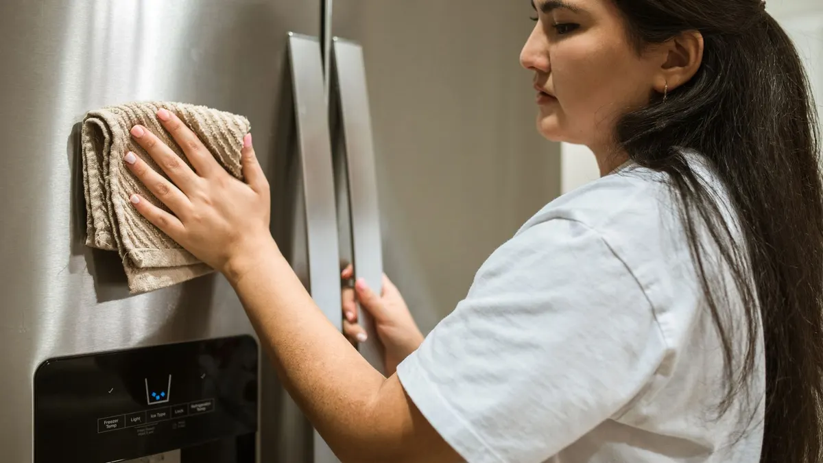 A woman wipes a refrigerator with a cloth, focusing on maintaining cleanliness in a kitchen.