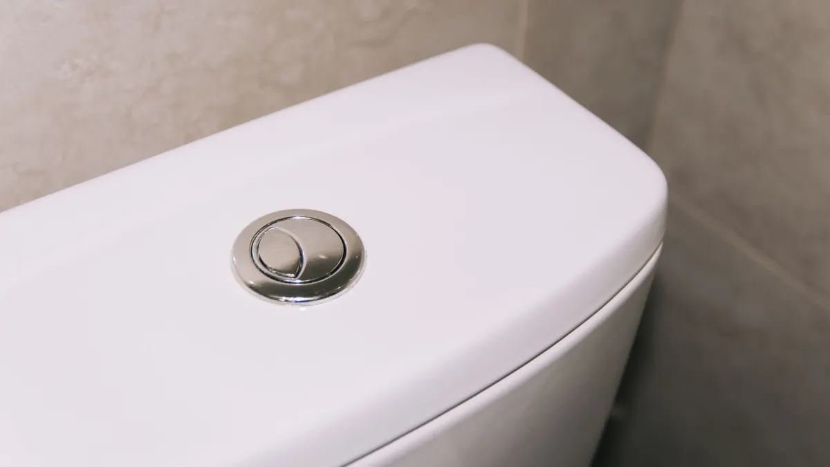 Close-up of a modern dual flush toilet with a chrome button, highlighting clean and contemporary design.