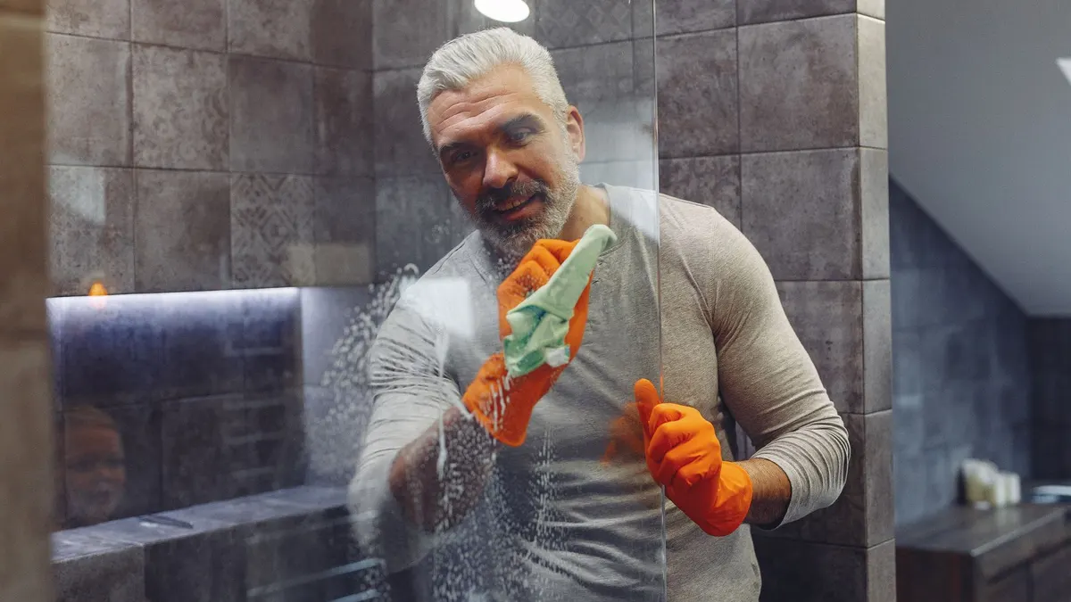 Grey haired male with beard in rubber gloves cheerfully cleaning shower glass shield