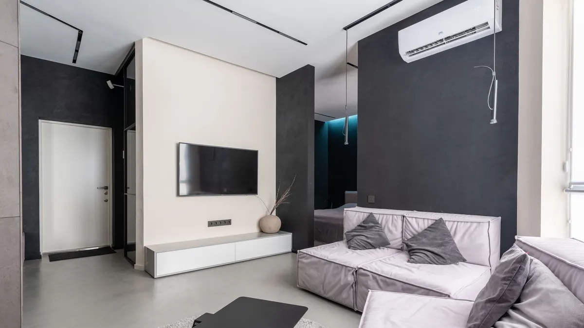 Interior of contemporary spacious living room with comfortable soft couches with cushions and TV set on wall
