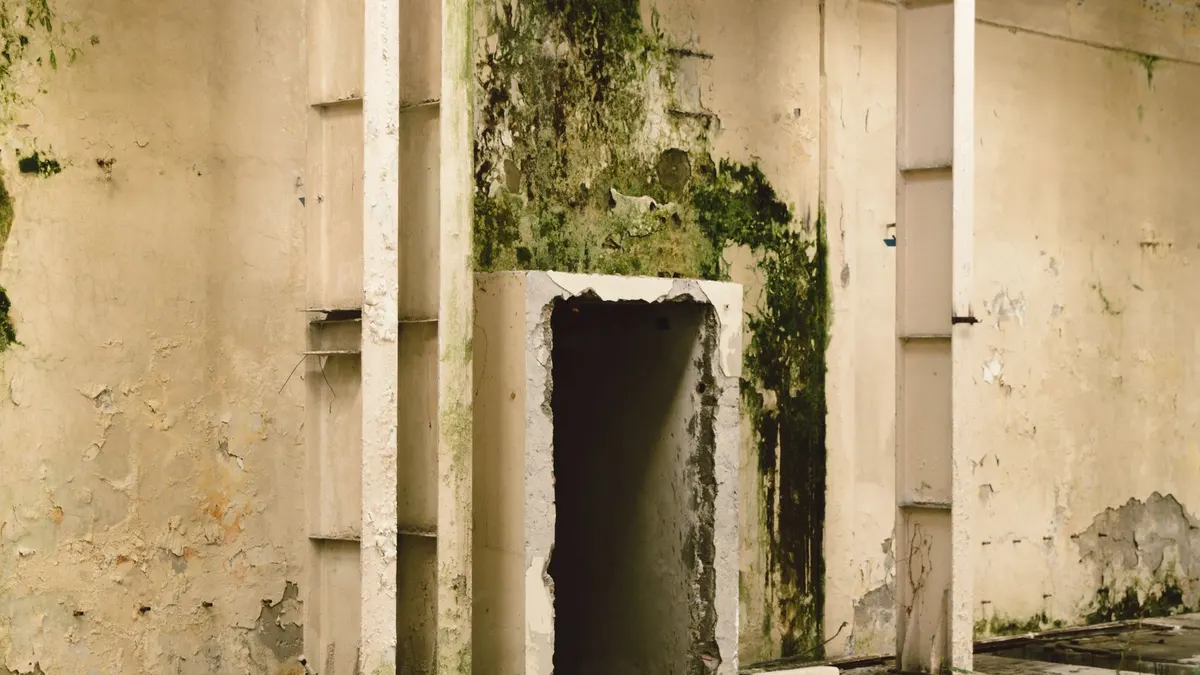 Explore the decaying walls and entrance of an abandoned building, showing urban decay.