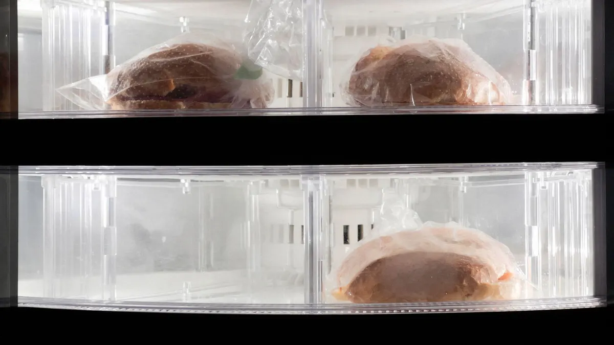 Clear view of two frozen sandwiches wrapped in plastic inside a refrigerator.