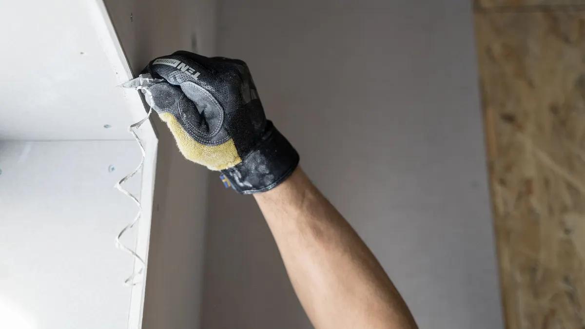 Close-up of a gloved hand applying plaster to a wall indoors in Falun, Sweden.